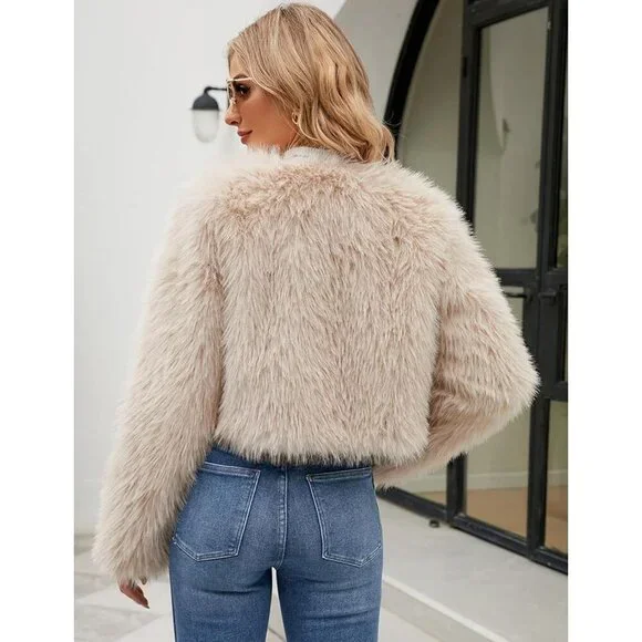 Women's Apricot Gihuo Cropped Faux Fur Coat Open Front Fleece Winter Jacket - Picture 6 of 7